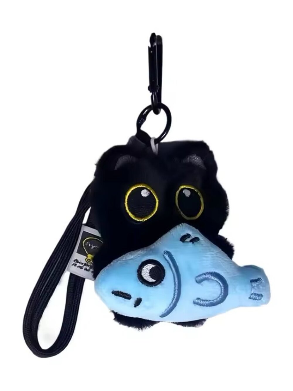 Cute Plush Black Cat Keychain, Pendant With Fish